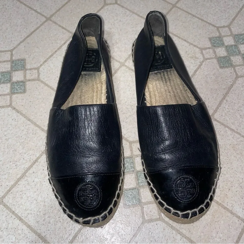 Tory Burch Black Leather Logo Cap Toe Espadrille Flats Women Size 6.5 ColorBlock